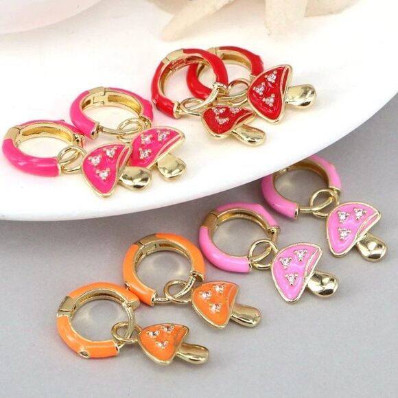 Gold Plated Rainbow Colored Enamel Mushroom Capped Huggie Hoop Festival Earrings - Picture 5 of 13